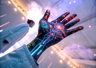 Poster - Futuristic Glowing Digital Representation of a Human Hand Showcasing Technological and Medical Innovation in a Vivid Neon Style for Stock Photography