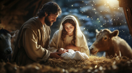 Mary and Joseph with the newborn baby Jesus in a manger, illuminated by a ray of light with sparkles, in a stable surrounded by animals. A nativity scene in a realistic,