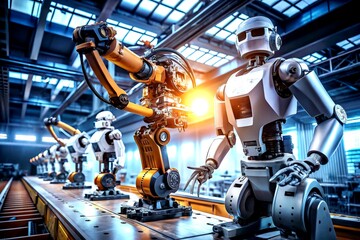 Poster - Futuristic Robots Preparing for Action in a High-Tech Environment with Dynamic Lighting and Advanced Machinery, Showcasing Innovation and Technology in a Modern World