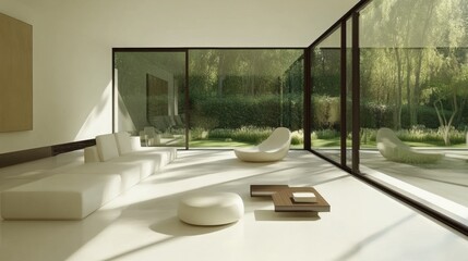 Poster - This bright modern living room features minimalistic white furniture, large glass windows, and a beautiful view of a serene garden. Generative AI