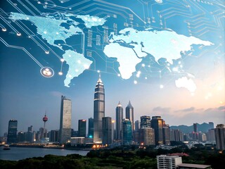 Poster - Futuristic World Map Merging with Circuit Board Elements, Showcasing IoT Devices and Cryptocurrency Satellites in a Stunning Double Exposure Photography Style