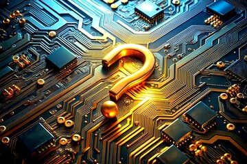 Poster - Golden Question Mark Symbolizing Innovation and Inquiry on a High-Tech Circuit Board, Representing Technology, Curiosity, and Future Advancements in Digital Solutions