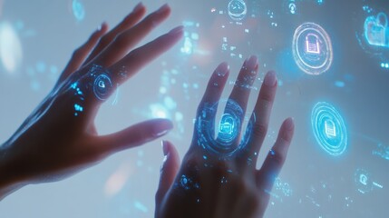Poster - A hand interacts with holographic security and data icons on a white background, representing cyber security concepts and modern technology