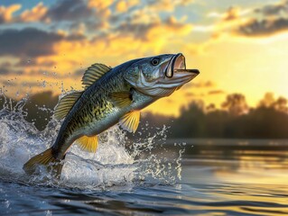 Largemouth bass leaping from the water at sunset.  A breathtaking moment of nature's power and beauty.