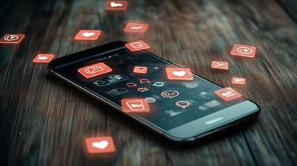 Poster - A smartphone rests on a wooden table as vibrant pop-up icons float around it, representing notifications, likes, and comments received. Generative AI