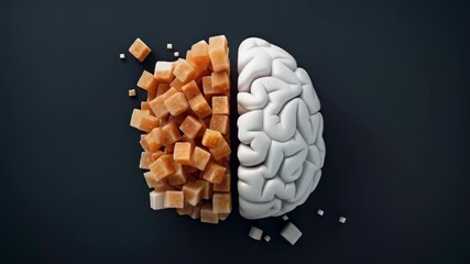 Poster - Half of brain is composed of sugar cubes crumbling and falling apart, representing sugar addiction replacing brain functioning, showing mental health issues