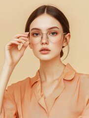 Poster - A young woman wearing stylish glasses presents an elegant look, highlighting beauty and confidence in a soft, natural environment. Generative AI