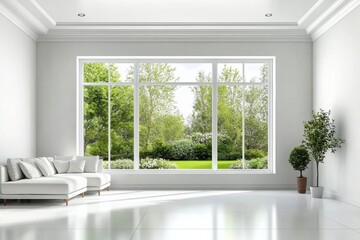 Aufkleber - A spacious, minimalist living room with bright walls and large windows offers plenty of natural light and views of greenery outside. Generative AI