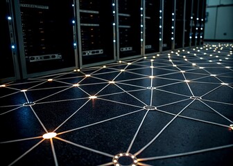 Poster - Low Light Photography of a Complex Network with Interconnected Nodes and Lines, Evoking the Essence of Connectivity and Digital Communication in a Dark Environment