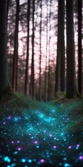 Wall Mural - A forest with a blue glow on the ground. The glow is from the stars and it is a beautiful sight