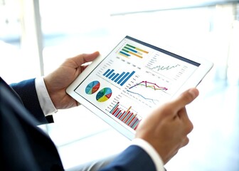 Poster - Macro Photography of Businessman Analyzing Financial Data on a Tablet with Graphs and Charts in Focus to Showcase Modern Technology and Investment Strategies