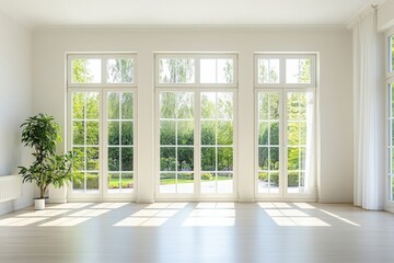 Leinwandbilder - This modern living room features expansive windows that fill the space with natural light, offering views of a serene green landscape. Generative AI