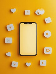 Aufkleber - A smartphone sits on a bright yellow surface, surrounded by various pop-up icons showing notifications for likes, comments, and messages. Generative AI