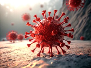 Poster - Minimal Style 3D Render of a Red Virus Model with Long Exposure Effect, Showcasing Intricate Details and Vibrant Colors Against a Softly Blurred Background