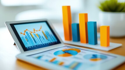 Poster - business, technology, statistics, progress and people concept - close up of woman with tablet pc computer showing growing charts at office or home