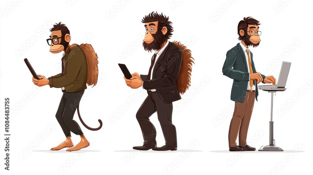 Human evolution. From monkey to businessman and computer user. Cartoon ...