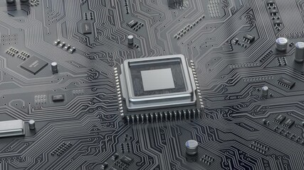 Poster - CPU computer processor on circuit board data processing and AI artificial intelligence. 3d animation