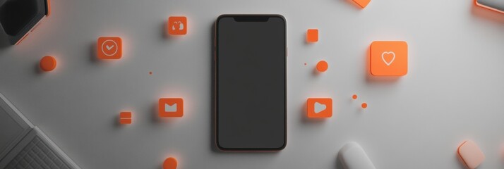 Poster - A smartphone rests on a flat surface, surrounded by glowing notification icons for likes and comments, illustrating digital communication. Generative AI