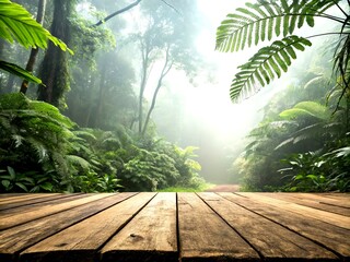 Poster - Misty Jungle Background with Empty Wooden Table for Product Display, Bokeh Lights, and Lush Green Foliage Creating a Serene Atmosphere for Your Brand Promotion