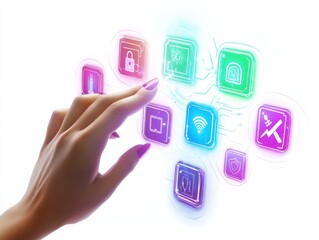 Poster - A hand interacts with holographic security and data icons on a white background, representing cyber security concepts and modern technology
