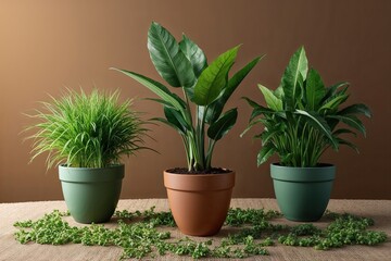 Stunning Eco-Friendly Potted Plants Displayed on Earth Toned Background in 3D Flora Showcase