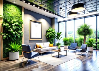 Poster - Modern Office Lobby with Empty Poster Frame Ready for Custom Artwork Display, Bright and Spacious Environment Featuring Minimalist Design Elements and Natural Light