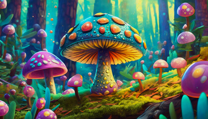 Poster - oil painting style cartoon character illustration mushroom in forest 