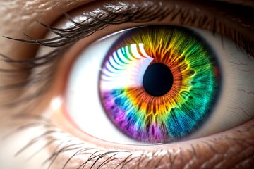 Aufkleber - Multicolored Iris Animation Concept with Rainbow Lines Radiating from a Bright Circle Creating a 3D Volumetric Human Eye Iris and Pupil in a Stunning 4K Background