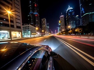Poster - Night Cityscape from a Moving Car Roof: Blurred Lights and Speed Illustrating the Dynamic Pulse of Urban Life at Night