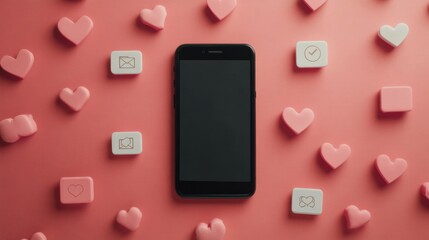Poster - A smartphone rests on a pink surface, with various colorful pop-up icons symbolizing notifications, likes, and comments surrounding it. Generative AI