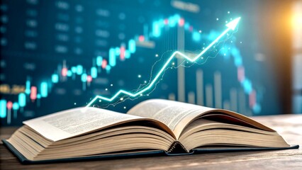 Poster - Open Book Symbolizing Financial Growth with Glowing Graph Line Against Abstract Data Charts and Bokeh Lights for Knowledge and Data Analysis