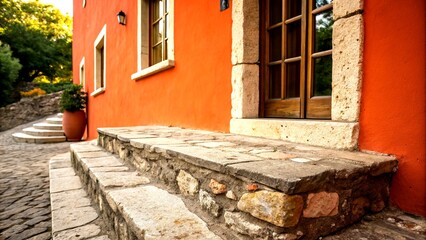 Poster - Panoramic View of a Stone Platform with a Vibrant Orange Wall and Window, Perfect for Artistic Interiors and Architectural Photography