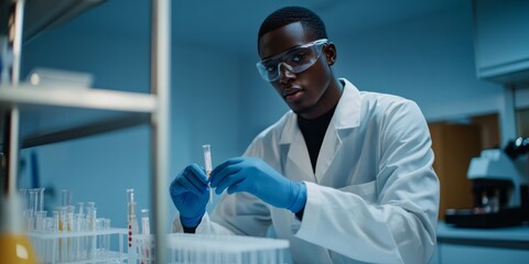 Aufkleber - A scientist working diligently in a modern lab. He wears a white coat and safety goggles. The environment is clean and organized. The focus is on research and discovery. AI