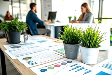 Wall Mural - Professional Analysis with Charts on Table Surrounded by Green Plants in Modern Workspace, Perfect for Business and Productivity Themes