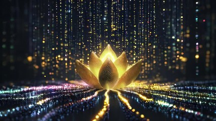 Poster - A Mesmerizing Abstract Lotus Blooming in a Vibrant Digital Landscape of Lights at Dusk