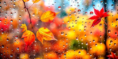 Poster - Raindrops Adorning Colorful Autumn Leaves on a Windowpane Captured in Minimalist Photography Style on a Rainy Day