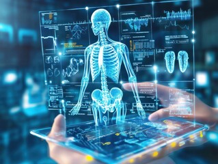 Poster - computerbased information technology with a person playing with internet connectivity, Medical technology, online health, global health network and tourism concept