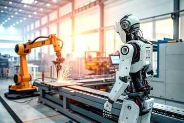 Poster - Robot Graphic Design Overseeing Intelligent Manufacturing in a Three-Color Scheme, Showcasing Advanced Industrial Automation and Technological Concepts with Bokeh Effect