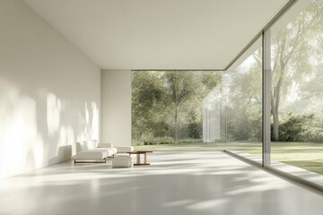 Poster - The spacious living room features minimalist furniture, large windows, and a view of greenery, creating a tranquil and bright atmosphere. Generative AI