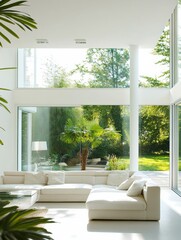 Poster - This living room features a spacious design with large windows that allow sunlight to flood in, offering views of lush greenery outside. Generative AI