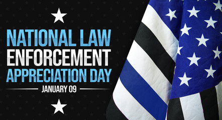 National Law Enforcement Appreciation Day background with Flag waving on the side. Appreciating law enforcement in the USA, blue and black patriotic backdrop