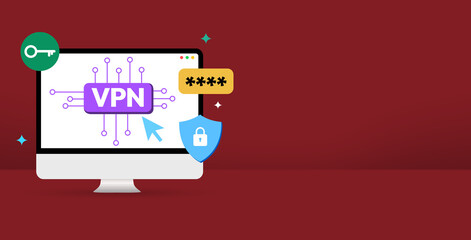 Poster - Secure VPN concept design with Lock and typography inside the screen, red banner design copy space. VPN design element backdrop