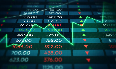 Poster - Stock market showing growth and profit with green graph, colorful numbers on blue backdrop. Business and finance market up concept design