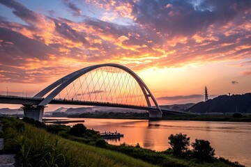 Poster - Serene Sunset Over the Moon Shape Bridge in New Taipei City, Capturing the Beauty of Nature and Architecture Amidst Vibrant Colors of Dusk and Tranquil Waters