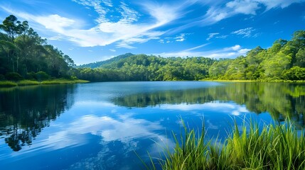 The tranquil beauty of a pristine lake with lush green shores, the calm waters mirroring the picturesque scenery and the blue expanse above.