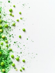 Aufkleber - Freshly scattered peas and droplets of green juice on a clean white surface showcase a vibrant and healthy food presentation. Generative AI