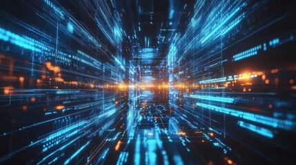 Poster - Futuristic digital interface with glowing data streams and circuits in blue and orange hues, representing technology, communication, and innovation.