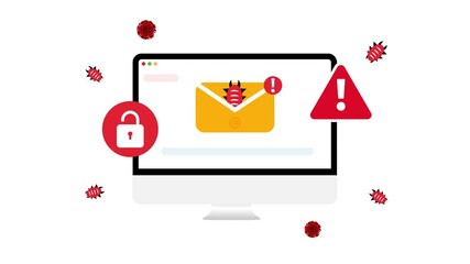 Poster - Virus in emails and spam concept 4k animation design with insect and message on screen. Virus attacks in email form infographic design with animating red warning shapes.
