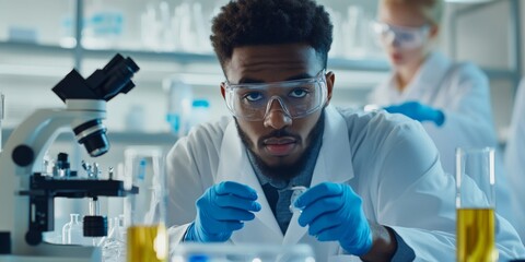 Aufkleber - A focused scientist examines a sample in a modern lab setting. The atmosphere is vibrant and filled with advanced equipment. This style shows the dedication in scientific research. AI