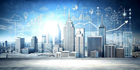 Poster - Simple Line Drawing of Business Planning Overlaid on Urban Exploration Photography Background, Showcasing Creativity and Strategy in a Modern Cityscape Setting